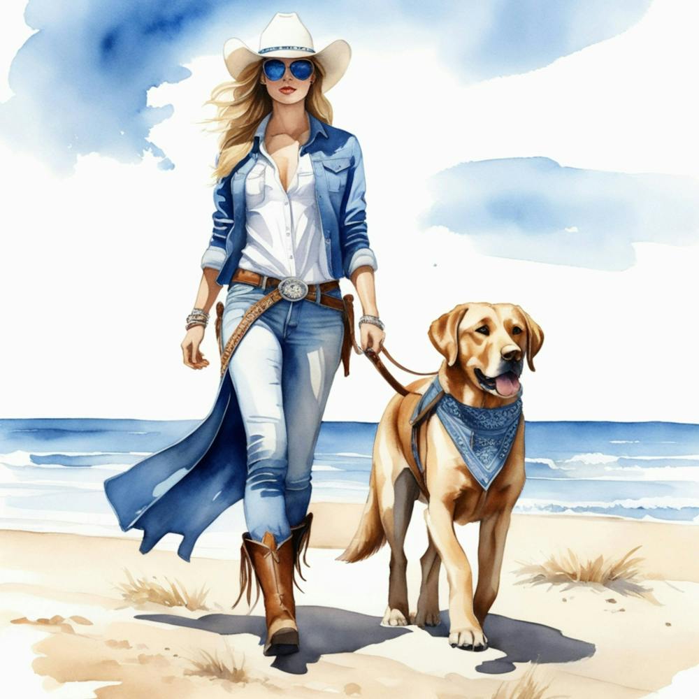 Coastal Cowgirl on Beach with Dog 1