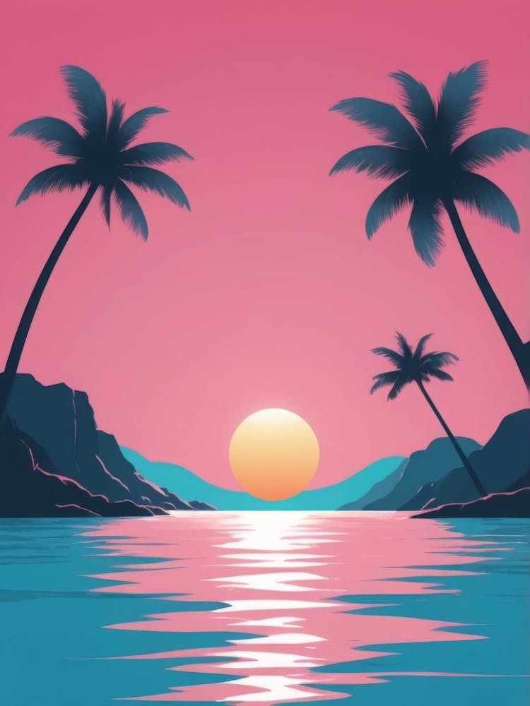 Sunset With Palm Trees pink