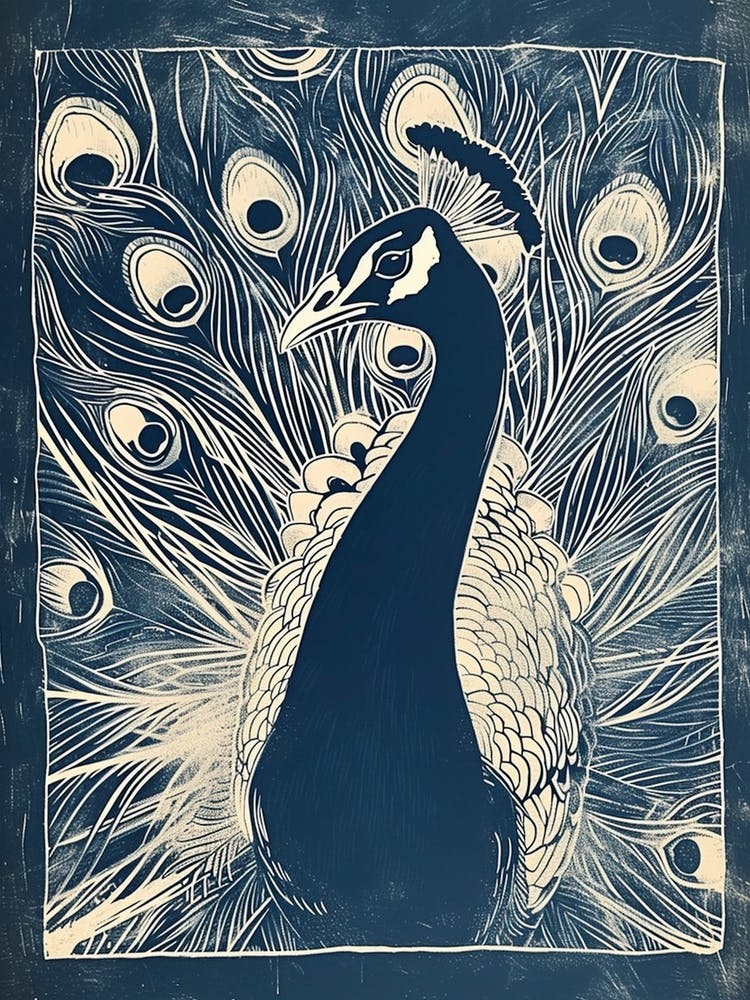 Linocut Inspired Peacock Rectangle Border