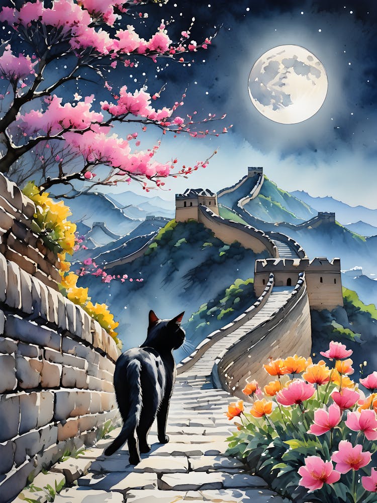 Black Cat At The Great Wall Of China - Blossom Trees in Spring Mystical Black Kitty Travels to Walk Along The 7 Wonders of the World - Enchanting Watercolor Full Moon Colorful HD