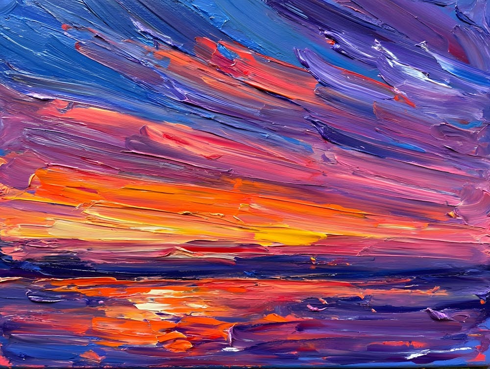 Impasto Abstract Sunset Painting - Vibrant Textured Sky and Ocean