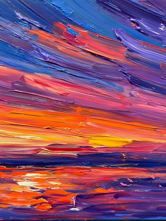 Impasto Abstract Sunset Painting - Vibrant Textured Sky and Ocean