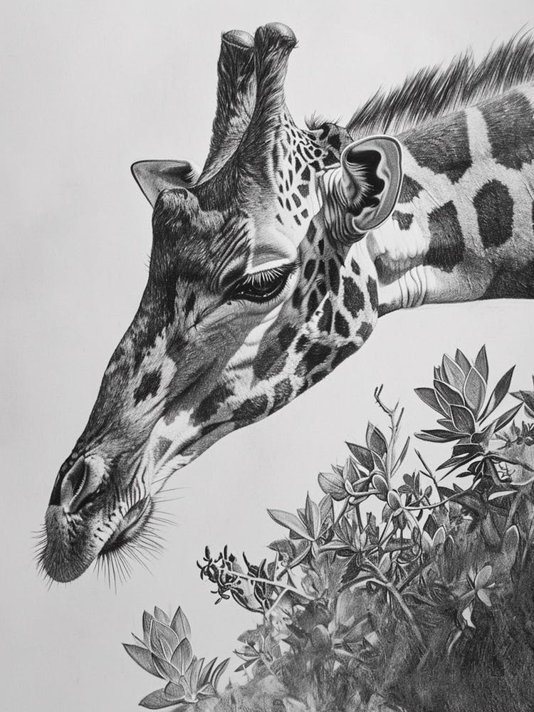 Giraffe In The Leaves Pencil Drawing 3