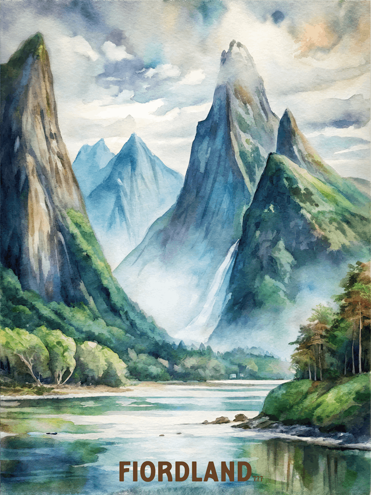 Fiordland National Park Watercolor Painting New Zealand