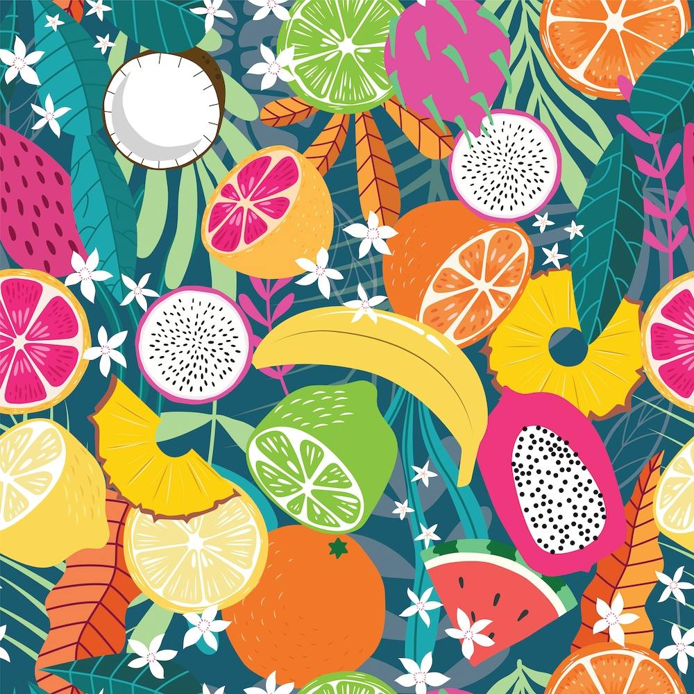 Tropical Fruits Pattern On Deep Green Square