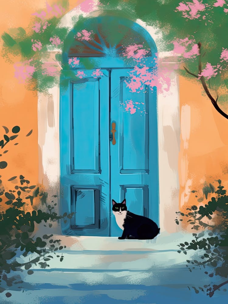 Black And White Cat Mediterranean Blue Door
