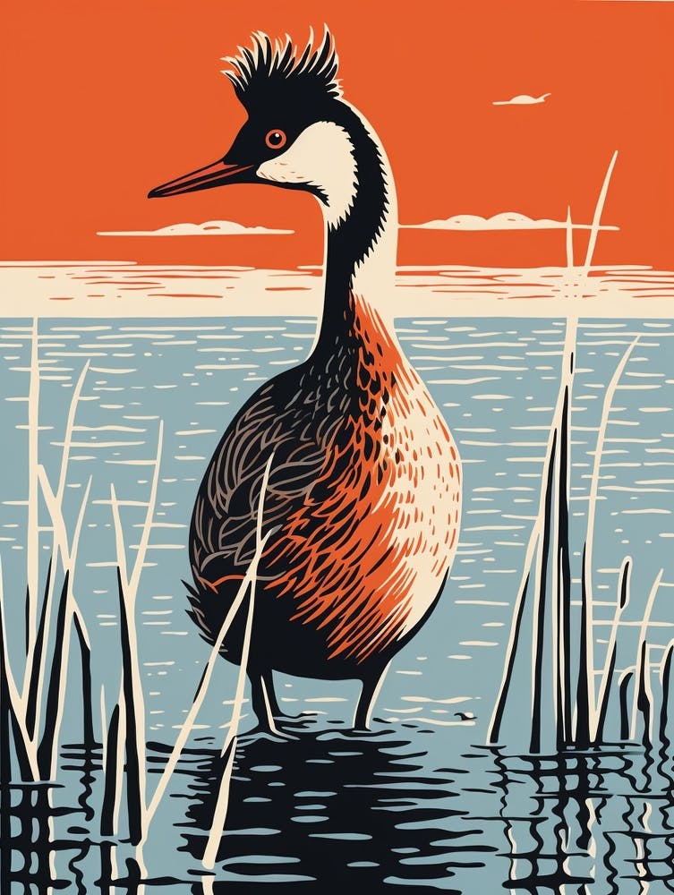 Vintage Bird Linocut Grebe 3