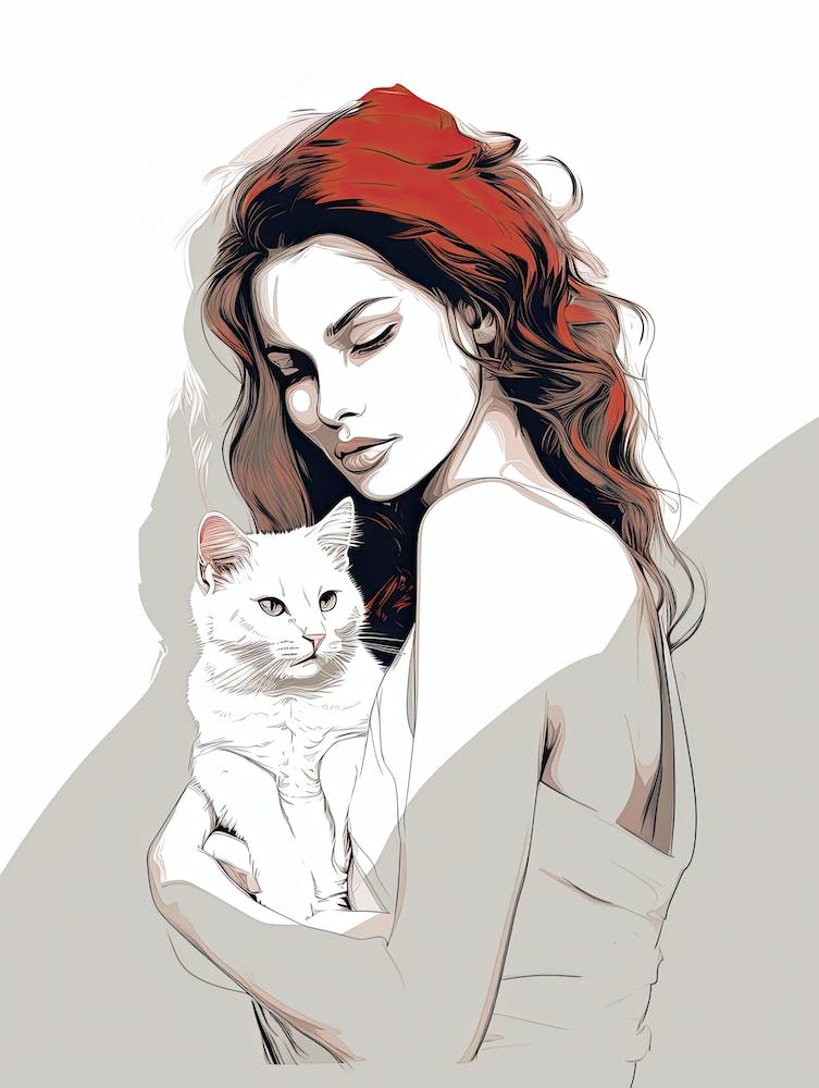 Girl With Cat, lineart