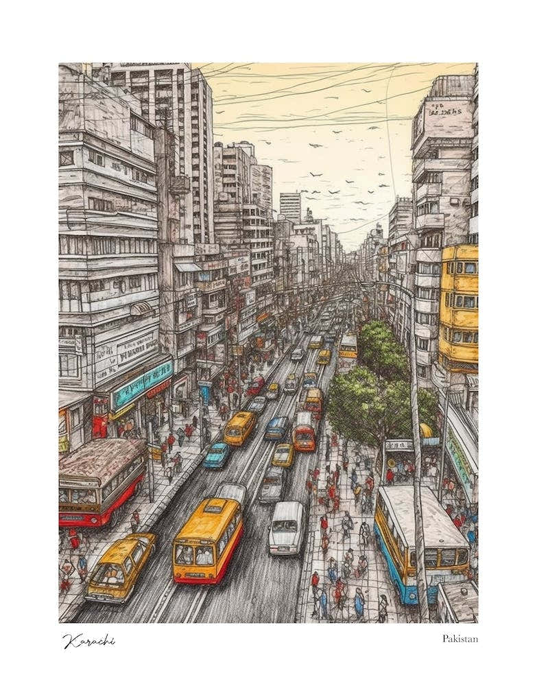 Karachi Pakistan Drawing Pencil Style 1 Travel Poster