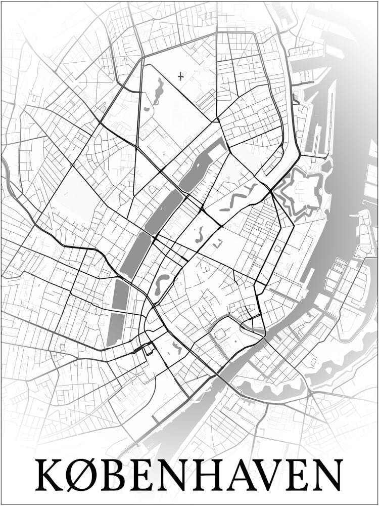 København, Danmark, City Map, Black And White Fade Design