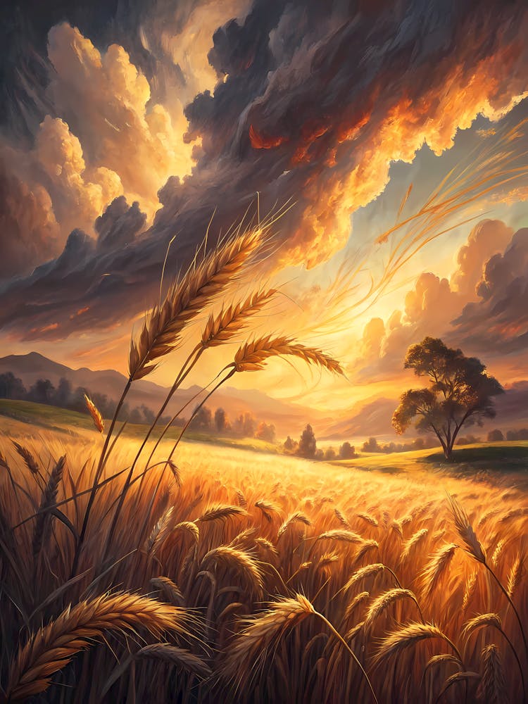 A Glowing Field of Wheat Under a Dramatic Sky Oil Painting Style