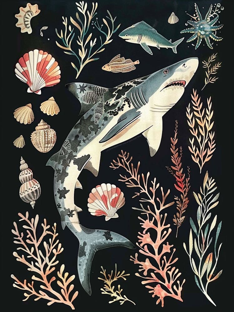 Port Jackson Shark Seascape Black Background Illustration 2