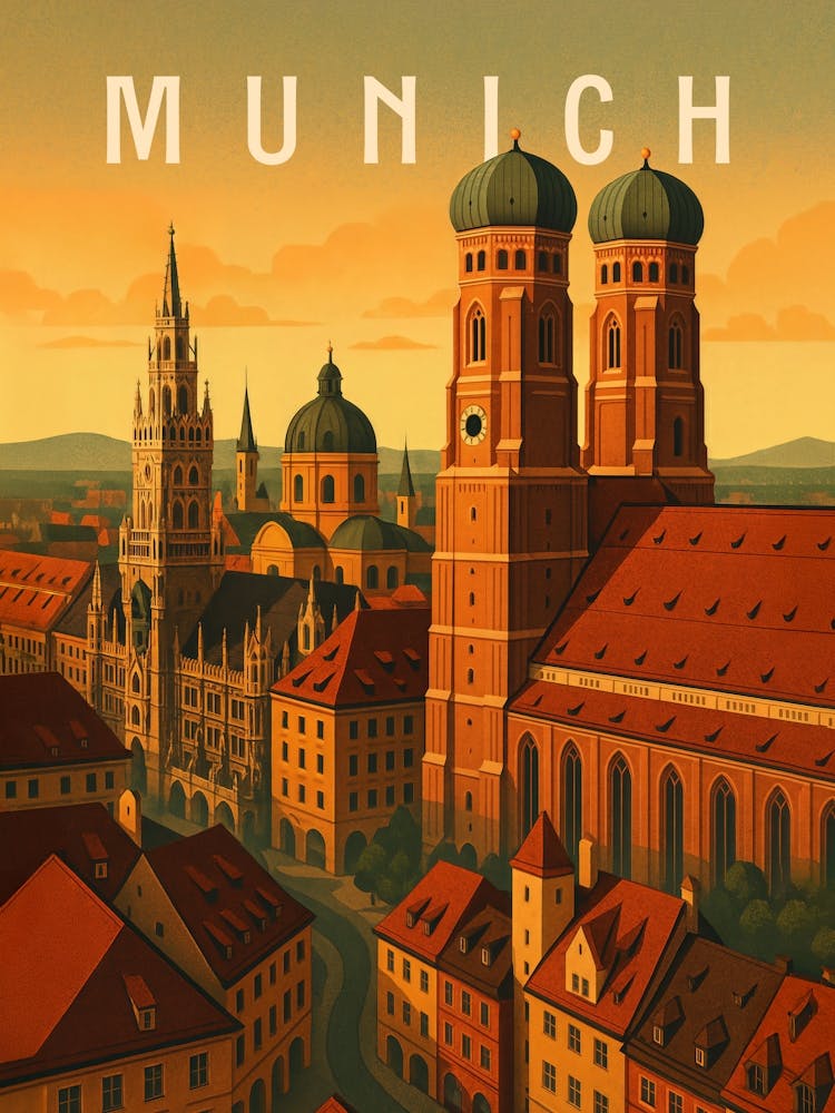 Munich Travel Poster Germany – Bavarian Heritage & Skyline View: Capture the heart of Munich with this skyline travel poster featuring Frauenkirche, Marienplatz, and gothic architecture. A beautiful tribute to Bavaria’s historic capital and European culture.