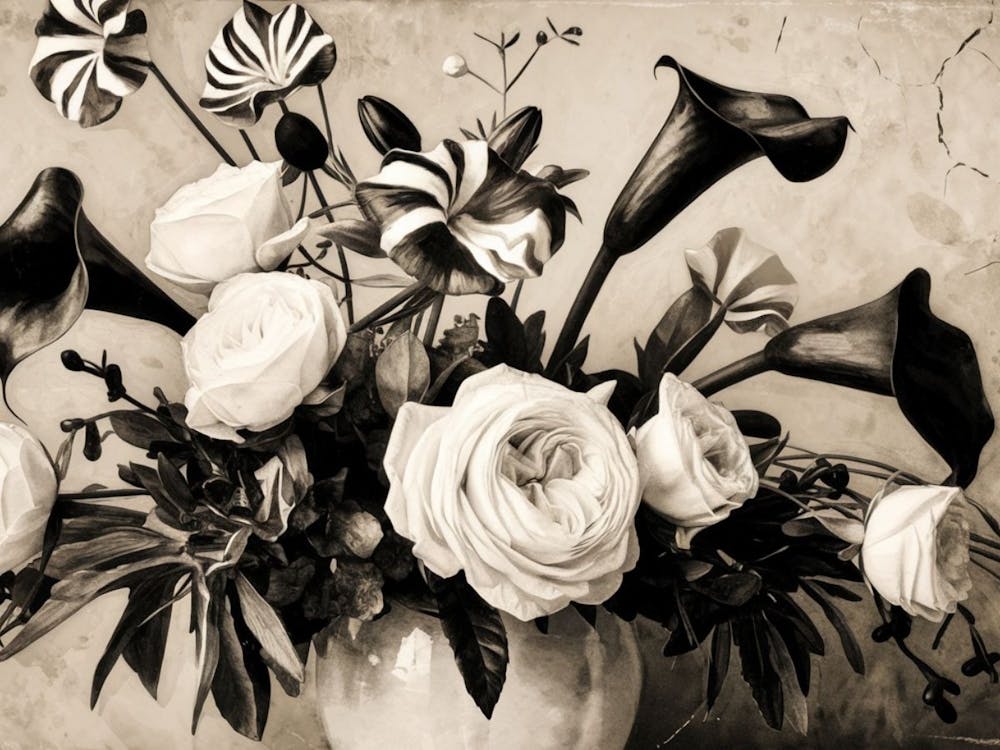 Still Life Art Monochrome White Roses & Calla Lilies