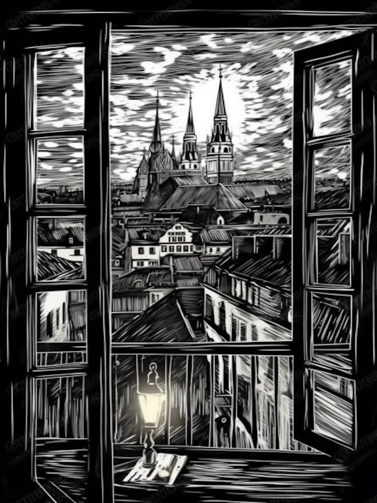 A Window View Of Vienna In The Style Of Black And White  Line Art 2