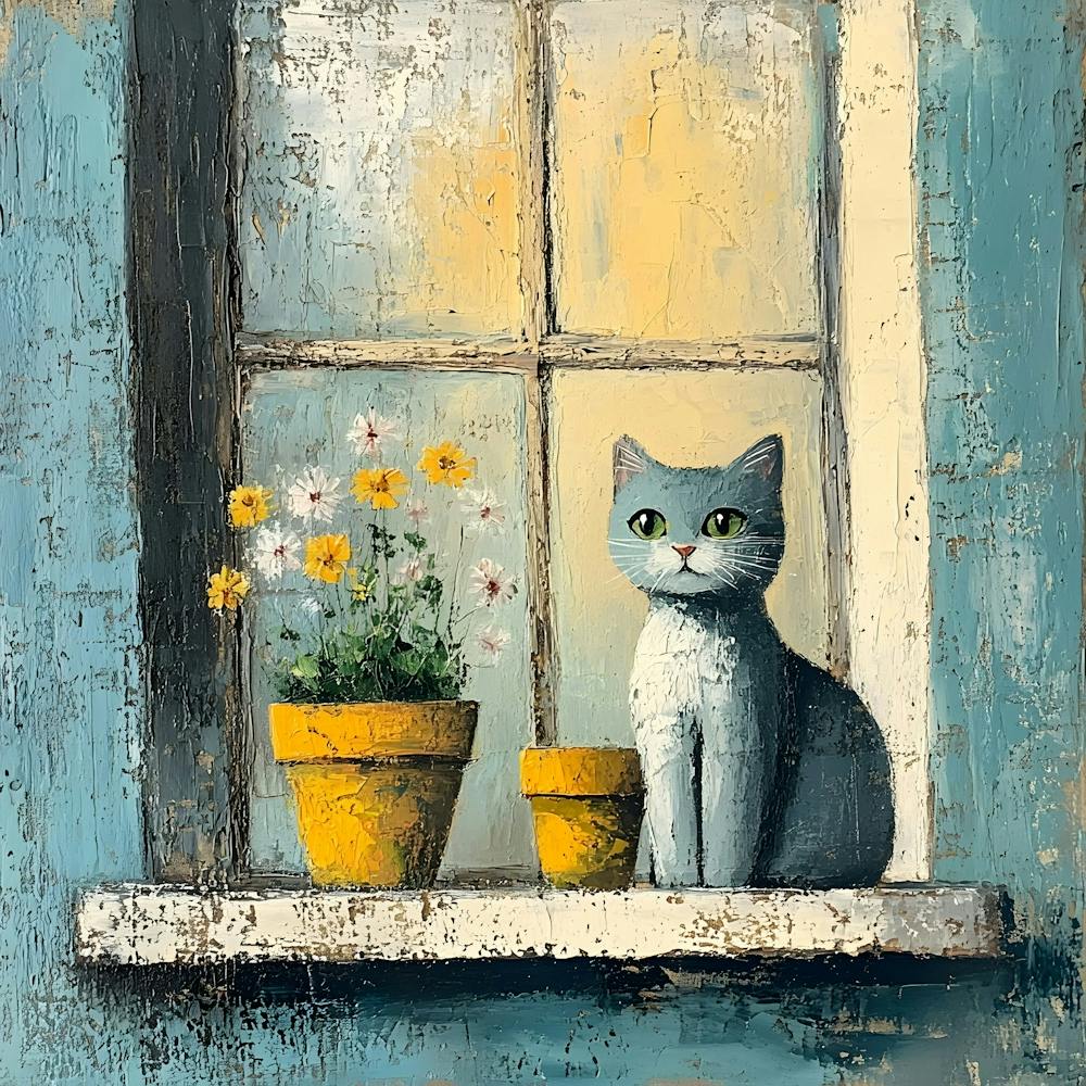 Cat In Window With Flowers 12