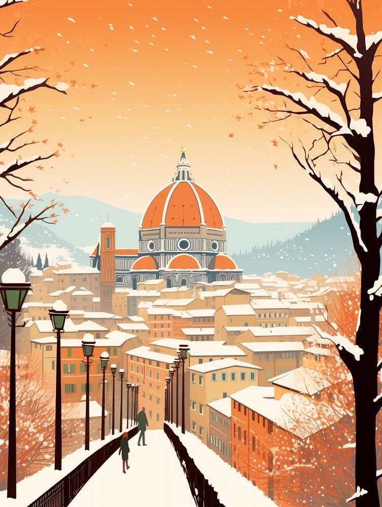 Vintage Winter Travel Illustration Florence Italy 3