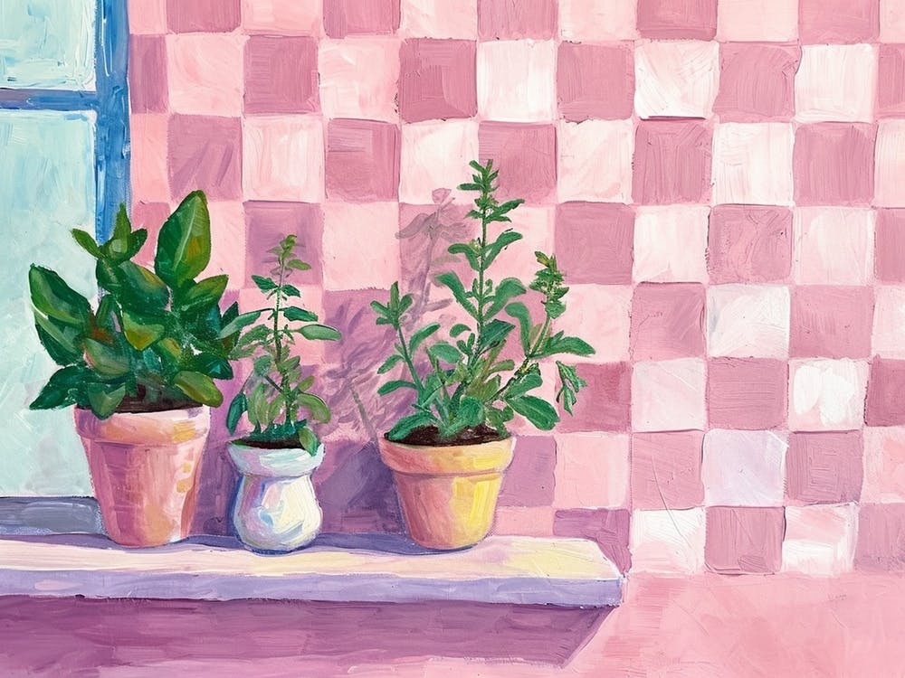 Potted Herbs On A Windowsil Pink Checkerboard 1