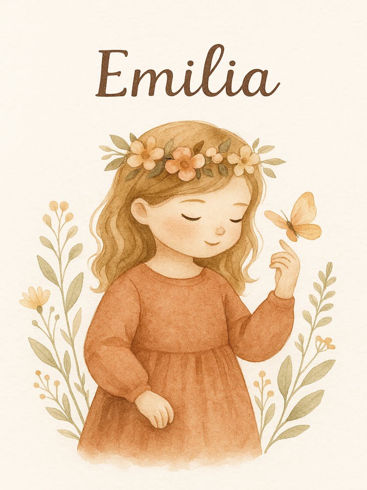 Emilia Personalized Girl Name Print – Floral Nursery Wall Art – Butterfly Printable Poster for Baby Girl Room Decor