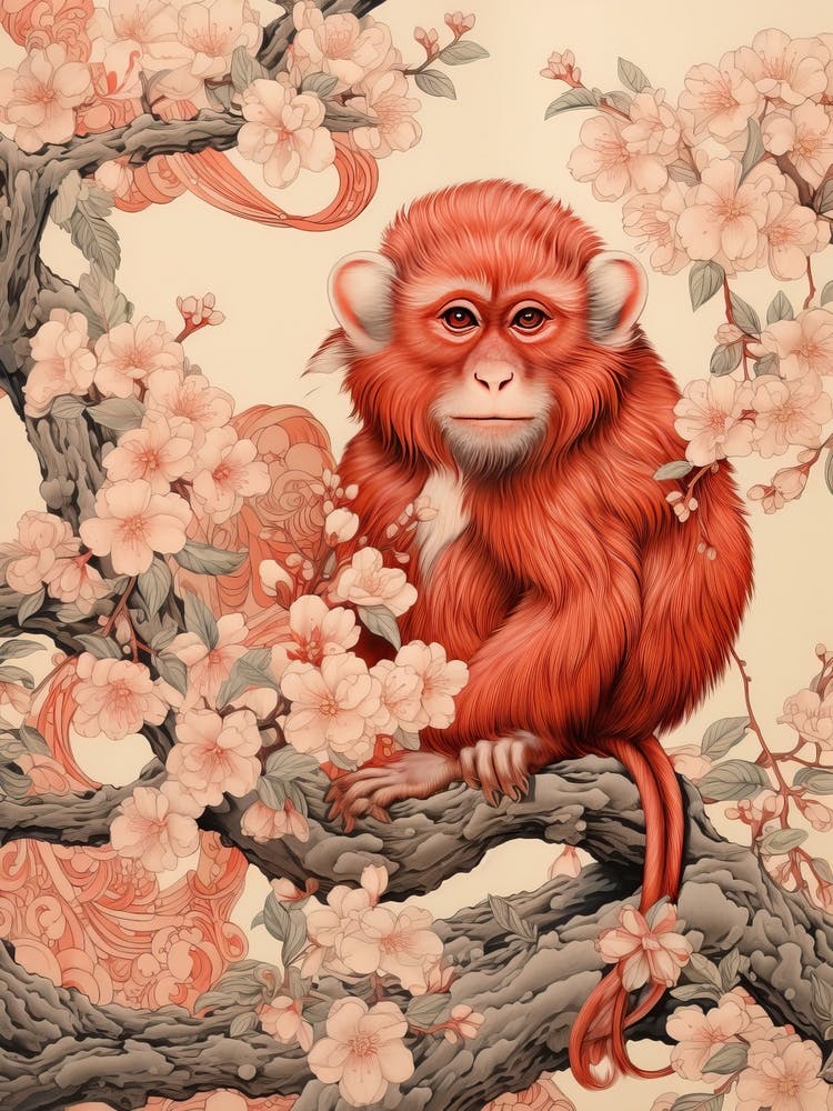 Monkey Animal Drawing In The Style Of Ukiyo E 1