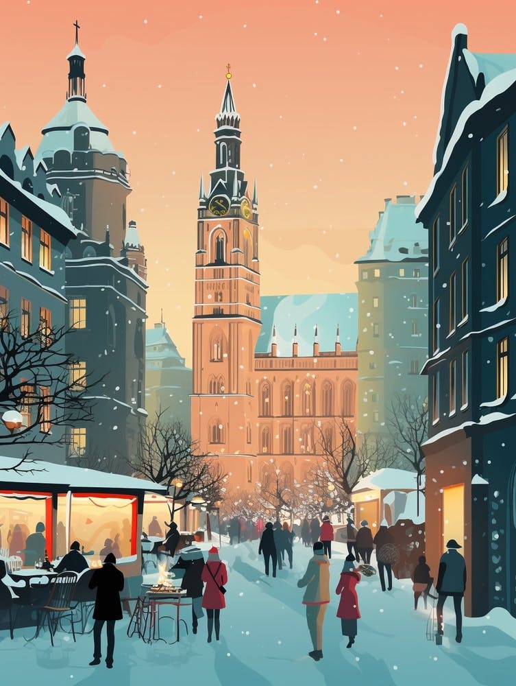 Winter Travel Night Illustration Munich Germany 3