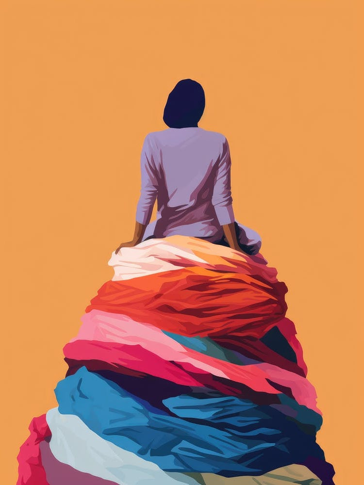 Woman Sitting On A Pile Of Clothes