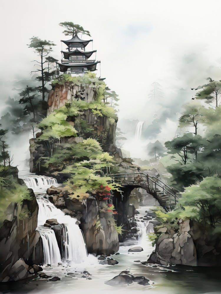 Nachi Falls In Wakayama Nikko In Tochigi, Japanese Brush Painting, Ukiyo E, Minimal 1