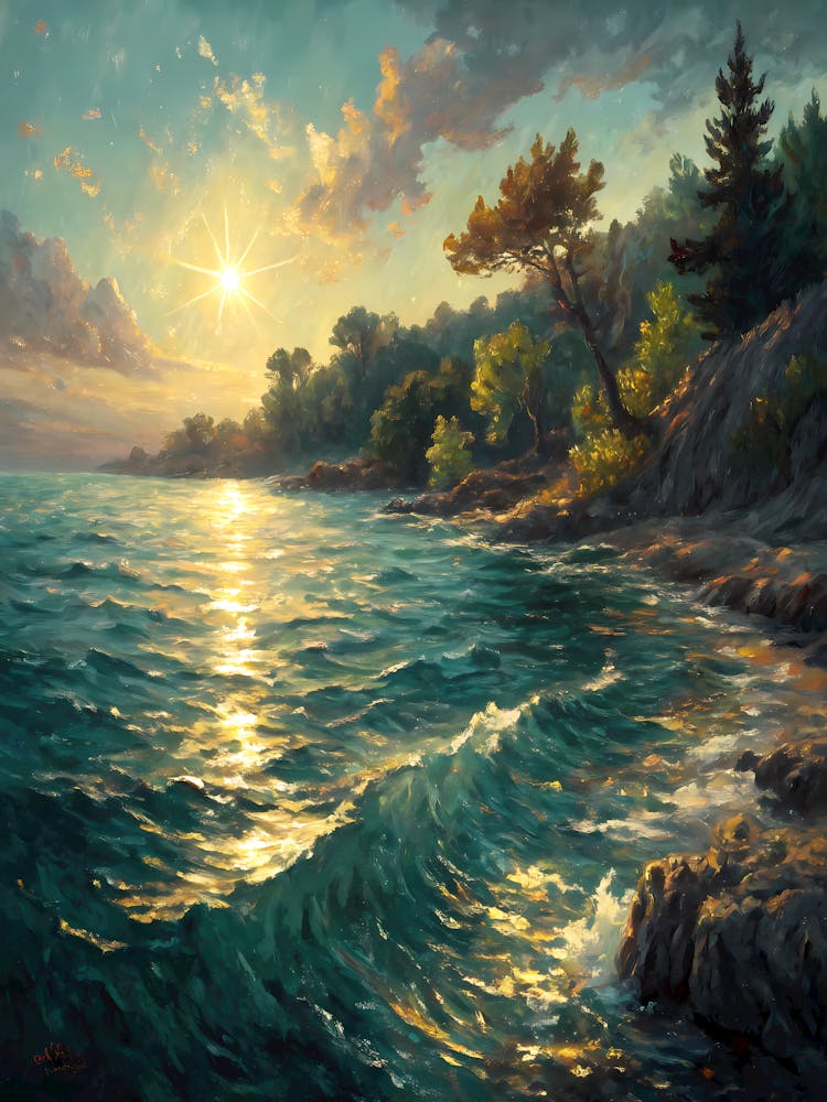 Textured Sunlight Coastal Landscape Oil Painting