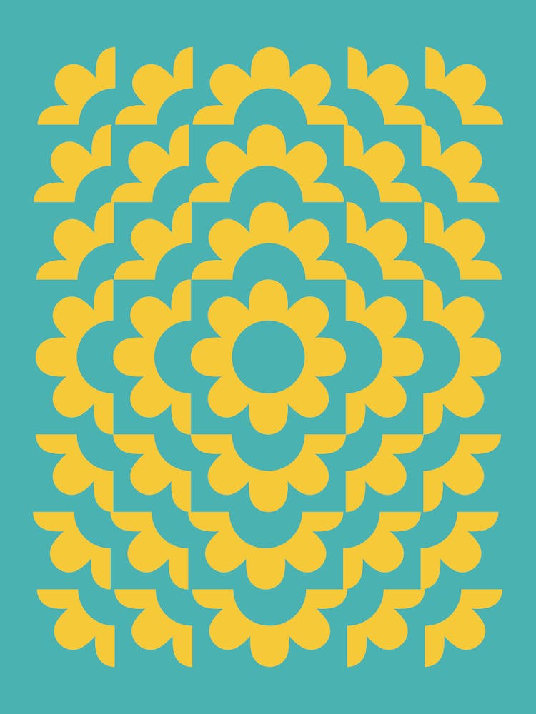 Midcentury Modern Abstract Geometric Flower Pattern Floral in blue teal mustard 2