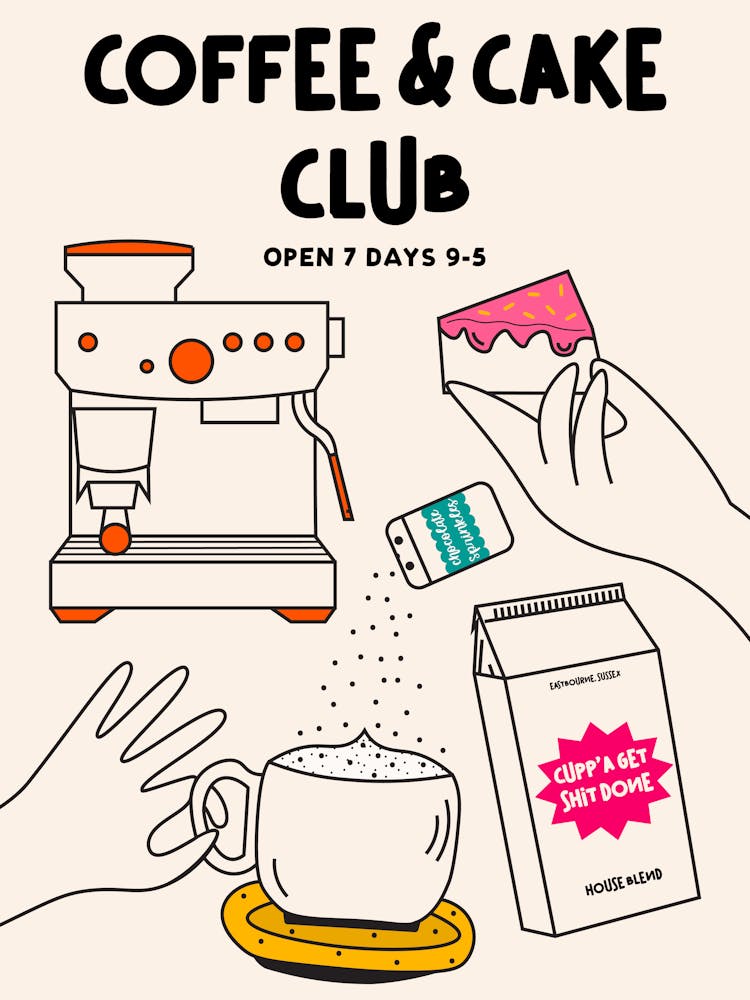 Coffee and Cake Hand Drawn Illustrated Trendy Kitchen Food Art
