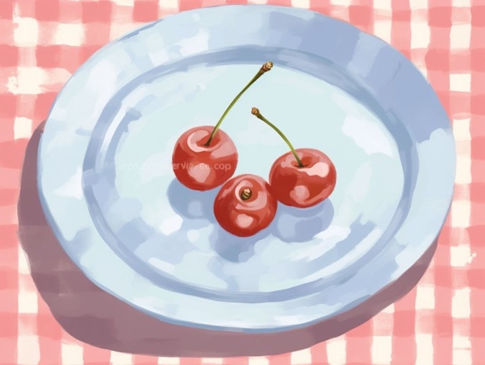 A Plate Of Cherries, Top View Food Illustration, Landscape 2