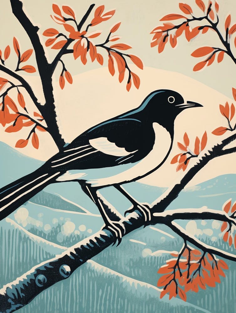 Vintage Bird Linocut Magpie 8