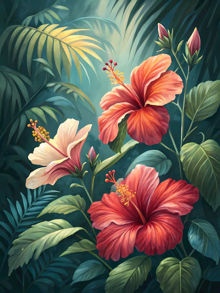 Oil Painting Style Vivid Hibiscus Flowers Over Tropical
