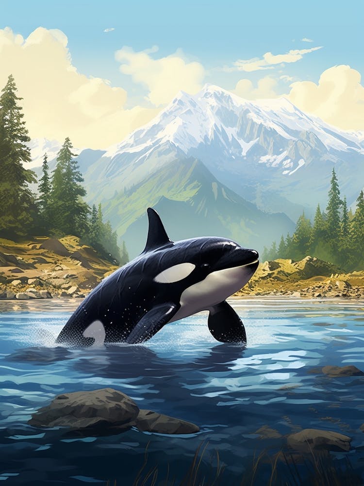 Realistic Painting Style Of Orca Whale Diving Out Of Water