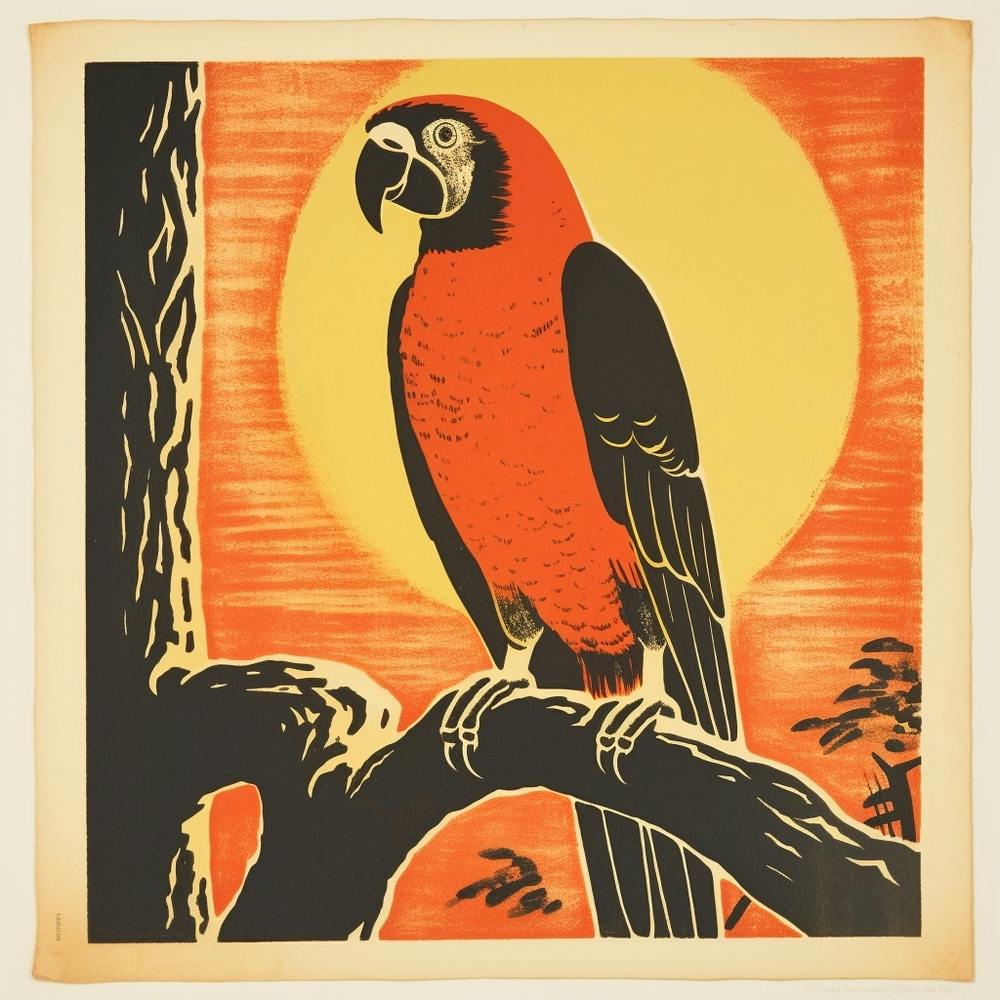 Retro Bird Lithograph Macaw 1