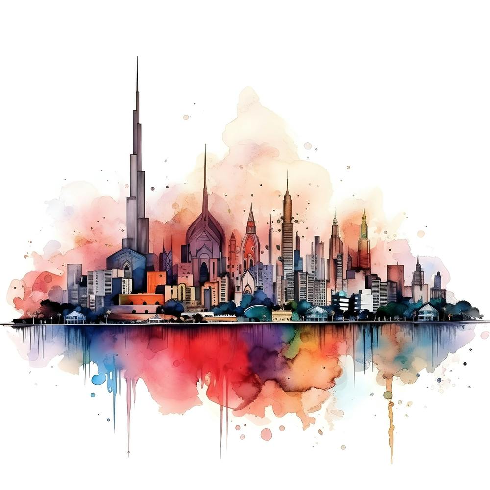 Dubai Skyline Watercolor Painting