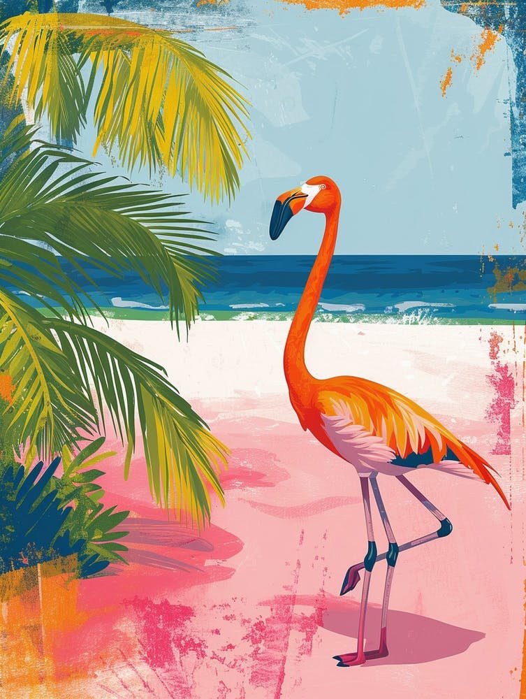 Greater Flamingo Pink Sand Beach Bahamas Tropical Illustration 4