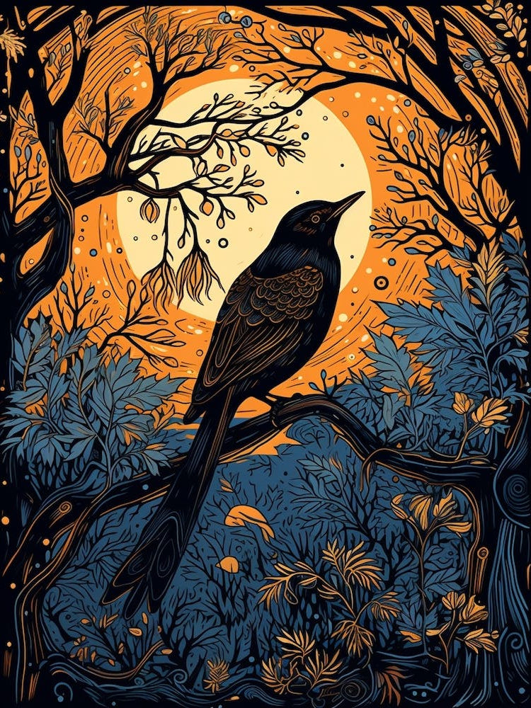 Birds And Branches Linocut Style 3