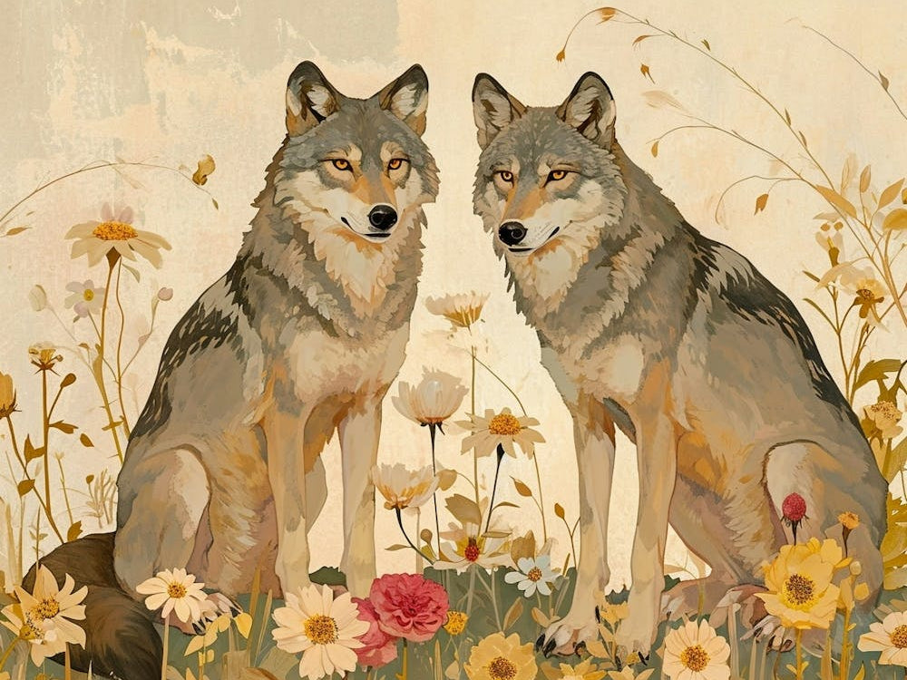 Floral Animal Illustration Timber Wolf 1