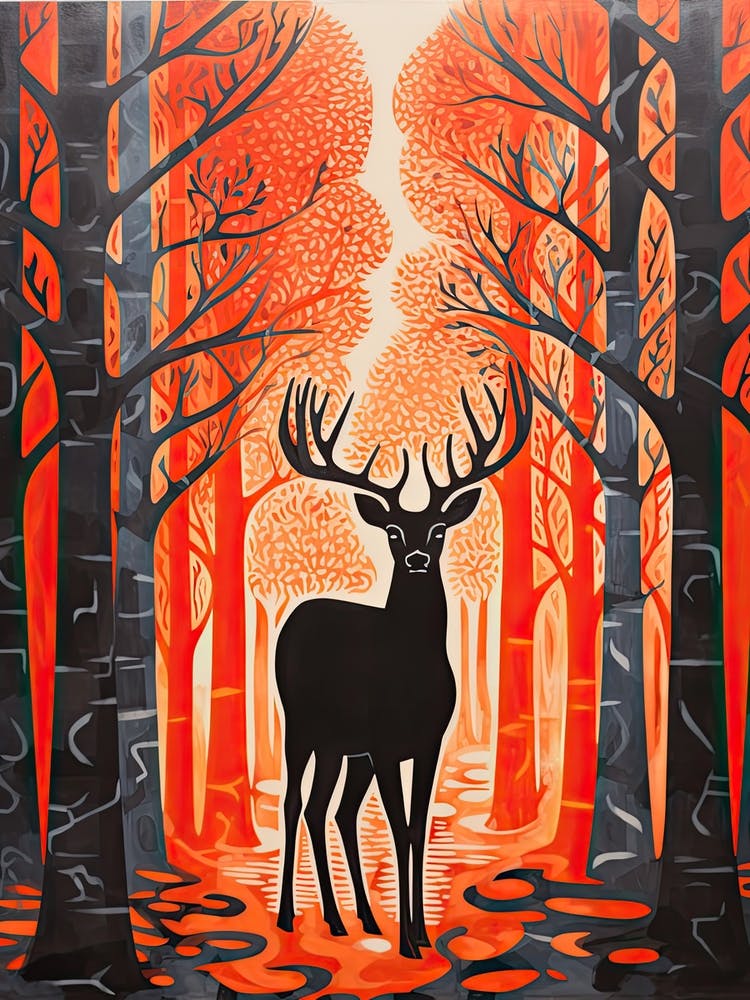 Deer, Woodblock Animal  Drawing 1
