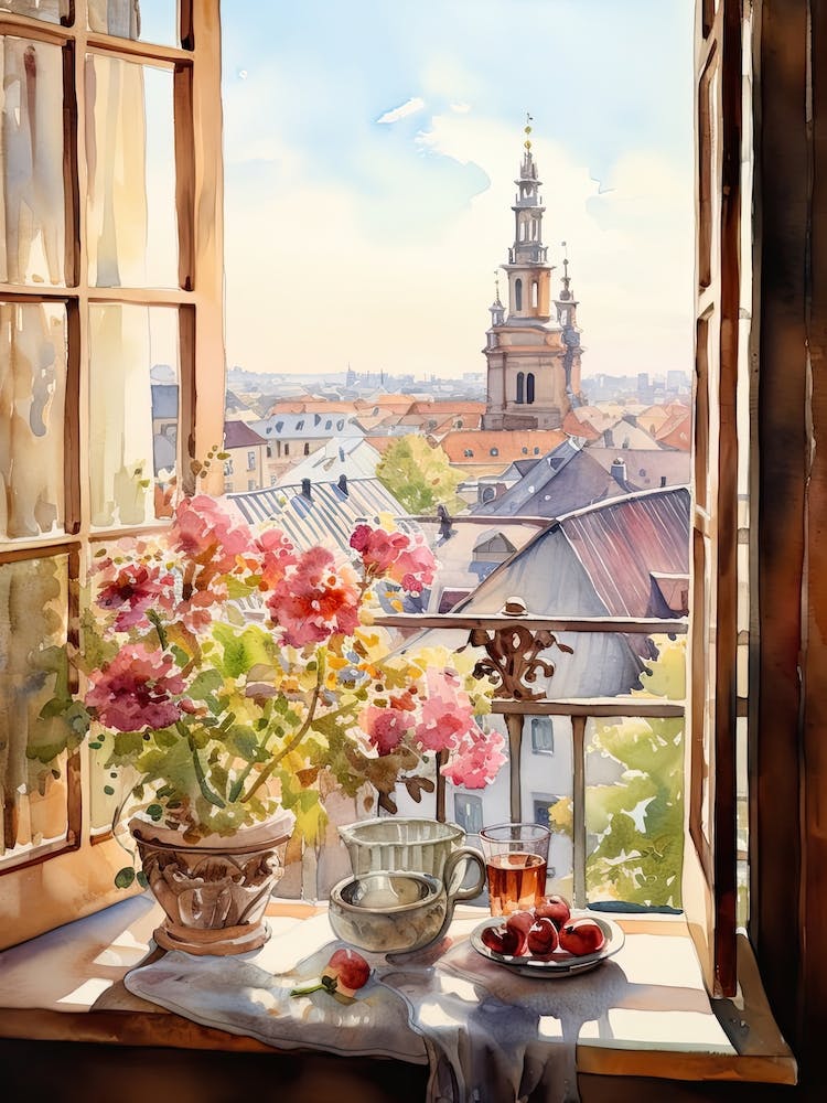 Window View Of Bratislava Slovakia In Autumn Fall, Watercolour 3