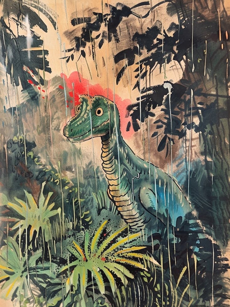 Dinosaur In The Rain Watercolour Illustration 2