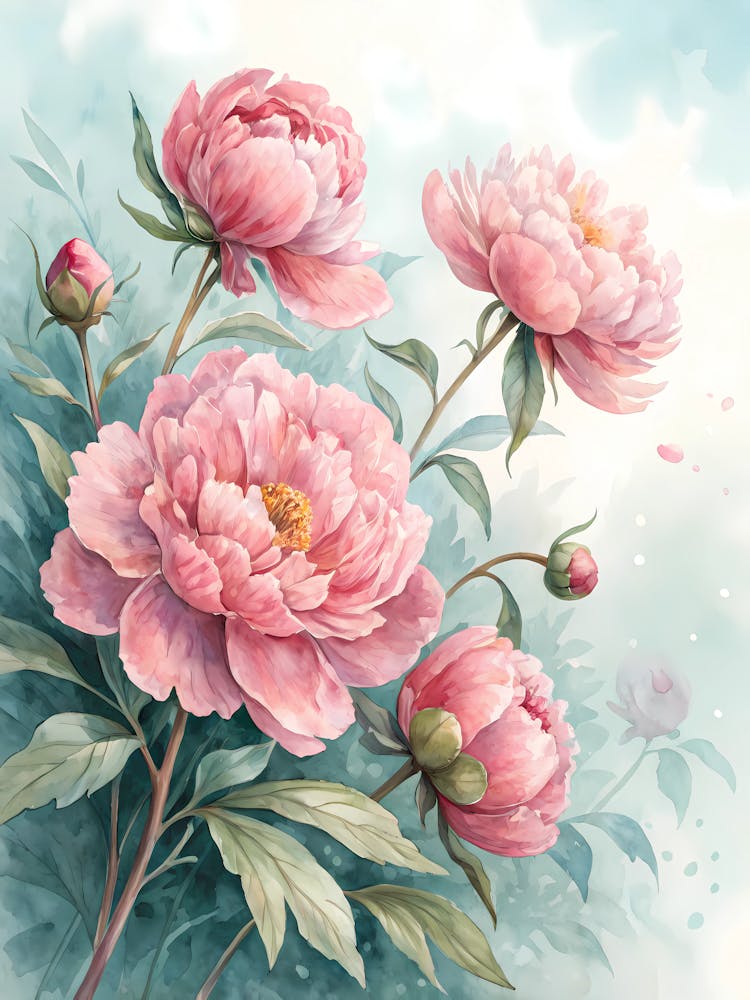 Pink Peony Blooms Loose Watercolor Floral Art
