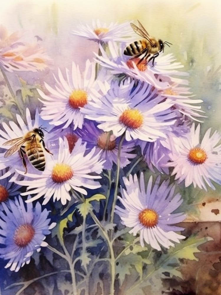 Beehive With Aster Watercolour Illustration 1