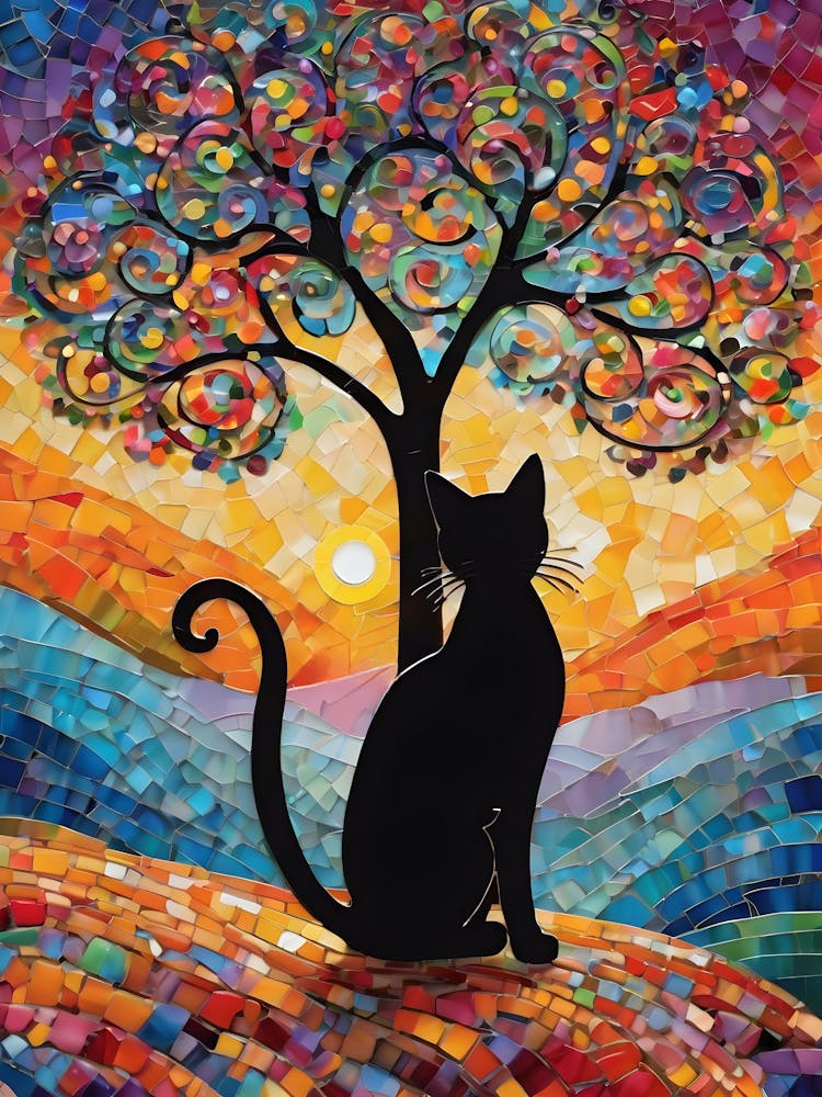 Meow Meow What a Sunset - Beautiful Rainbow Mosiac of Whimsical Black Cat Watching the Sun Set Whimsy Kitty Art for Cat Lover, Cat Lady, Chakra Pride Pagan Witch Colorful HD