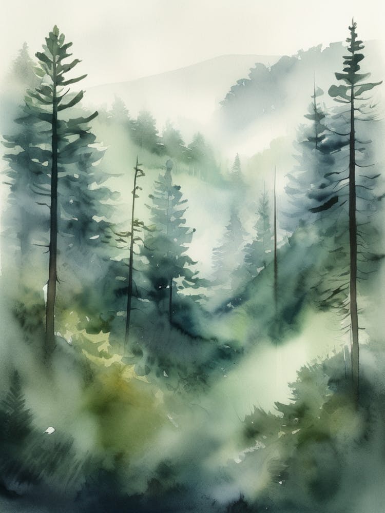 Appalachian Mountains of Misty Pines Watercolor Print of Evergreen Forest..141