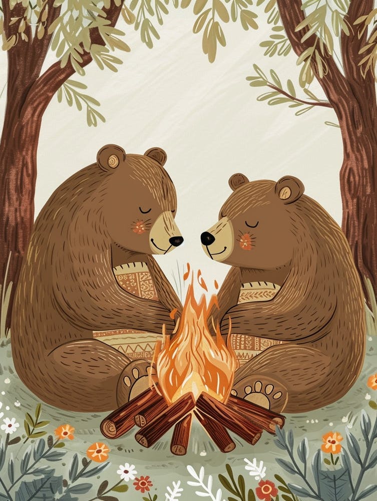 Brown Bear Two Bears Sitting Together By A Campfire Storybook Illustration 2