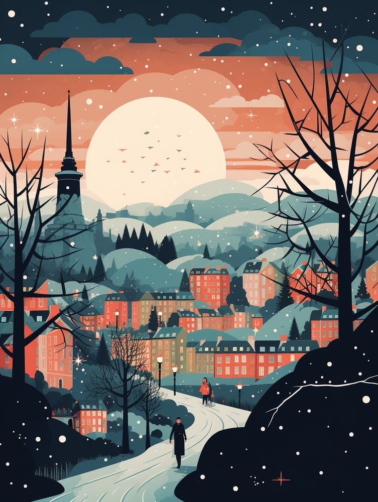 Winter Travel Night Illustration Edinburgh Scotland 6