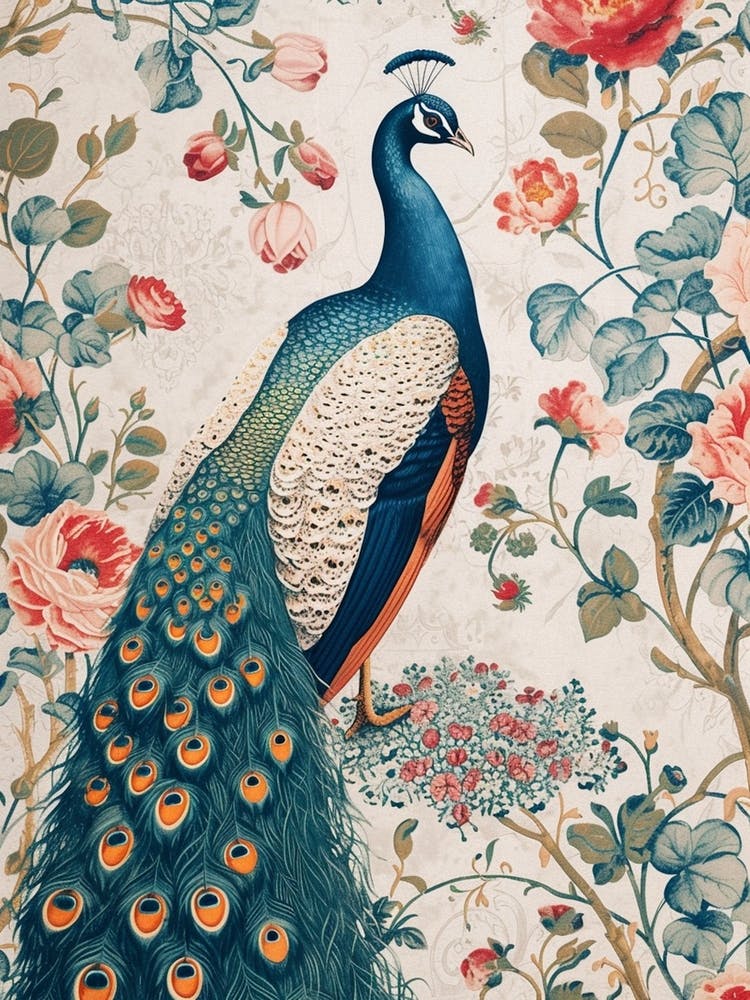 Cream Floral Peacock Wallpaper Inspired