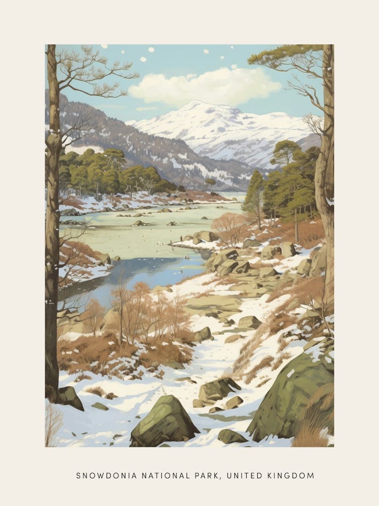 Vintage Winter Poster Snowdonia National Park United Kingdom 2